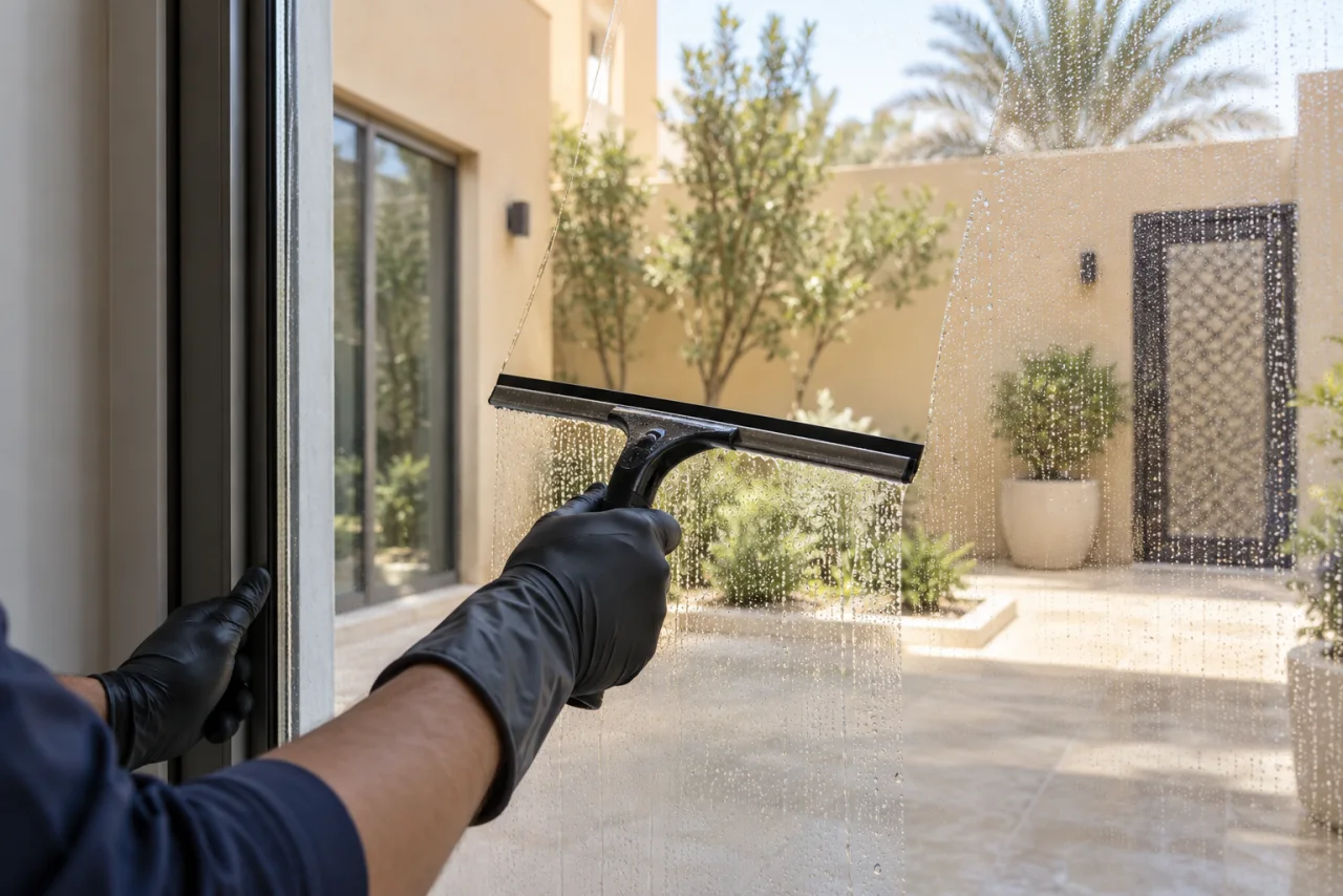 تنظيف شبابيك زجاجية بممسحة مطاطية في يد عليها قفاز أسود مطلة على فناء