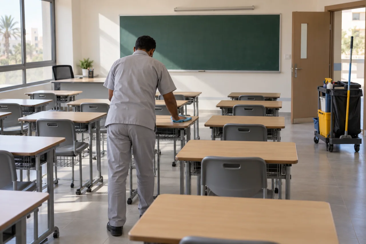 تنظيف مدارس بمسح طاولات فصل دراسي خال من الطلاب بجانب عربة أدوات
