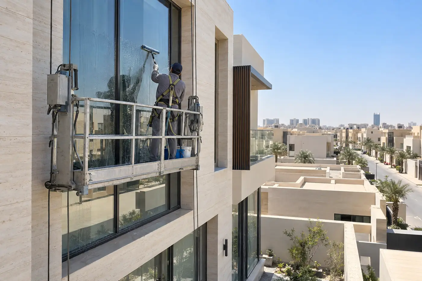 تنظيف واجهات بالرياض لزجاج مبنى من منصة عمل معلقة على الواجهة
