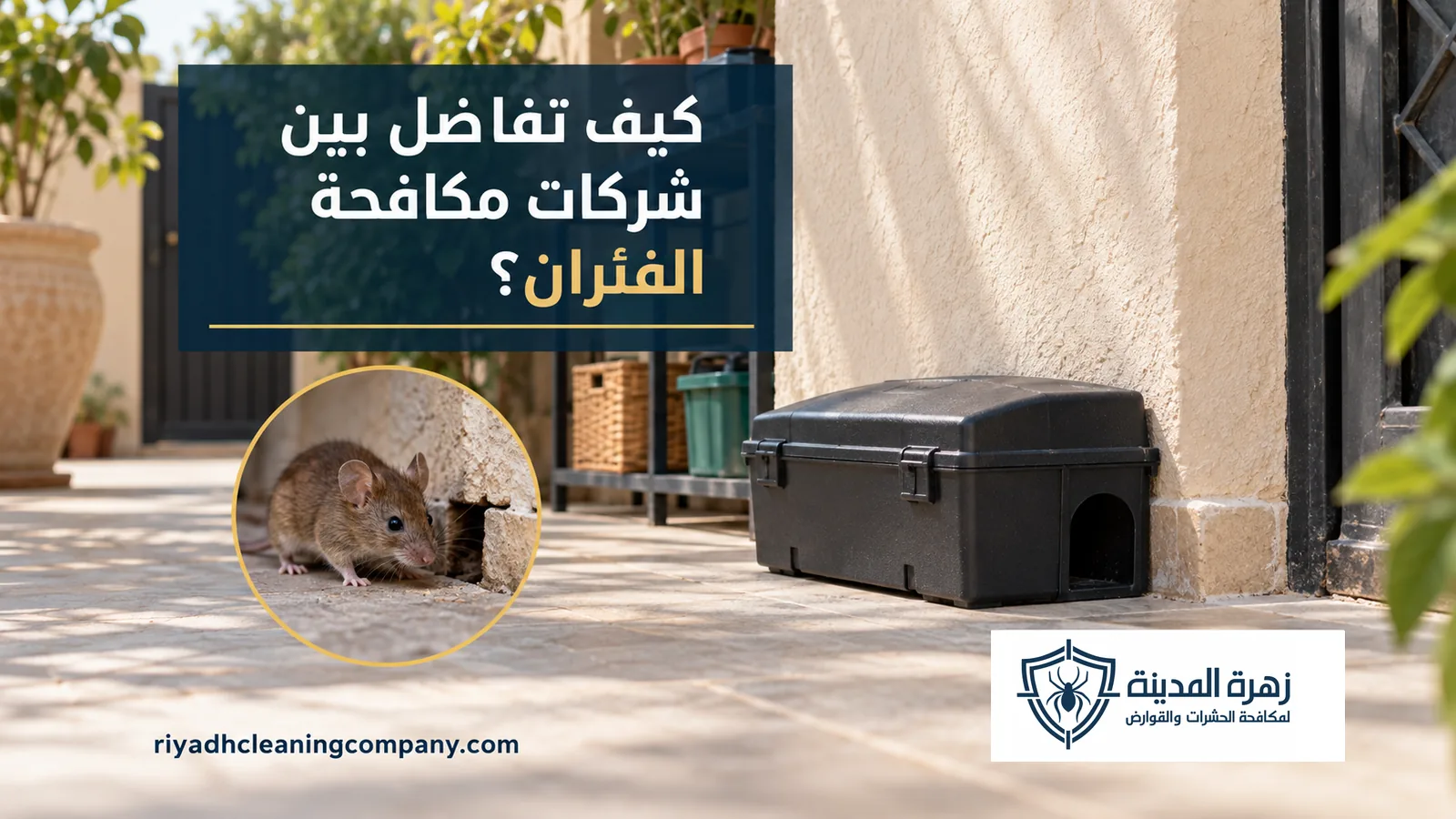 محطة طعم مقفلة بجوار جدار مدخل بيت مع صورة مكبرة لفأر، لشرح المقارنة بين شركات مكافحة الفئران بالرياض