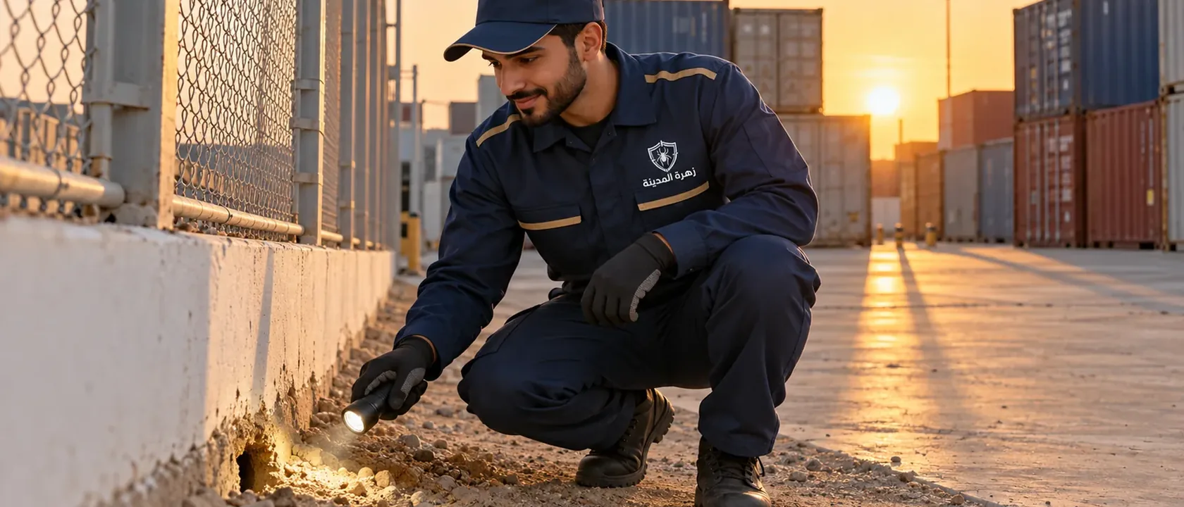 فني يفحص قاعدة سور ساحة تخزين بكشاف بحثًا عن جحور، كما تفعل شركات مكافحة الفئران بالرياض