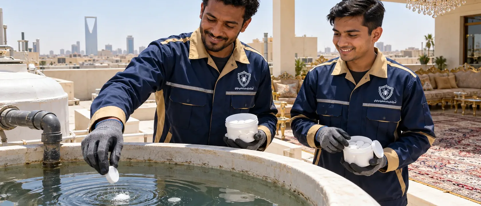 فنيان يضعان أقراص معالجة في حوض ماء على سطح، فالرطوبة تهم علاج الصراصير في البيت