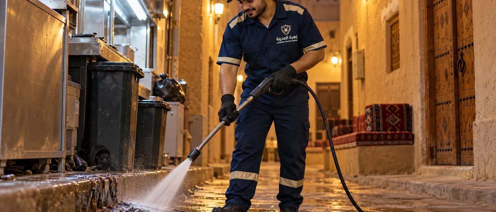 فني يرش فتحة تصريف في ممر خلف مطعم مساء، والمصارف من مواضع القضاء على الصراصير