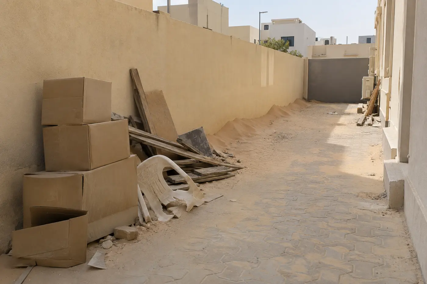 حوش جانبي فيه كراتين وأخشاب ورمل متراكم