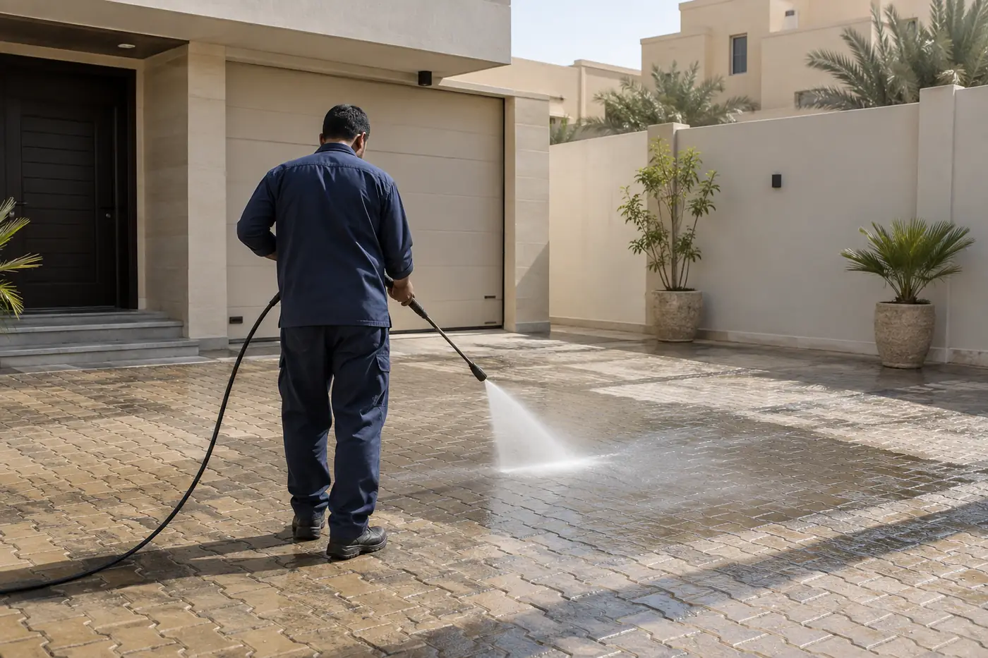 عامل من شركة تنظيف احواش بالرياض يغسل أرضية حوش فيلا بمضخة ماء