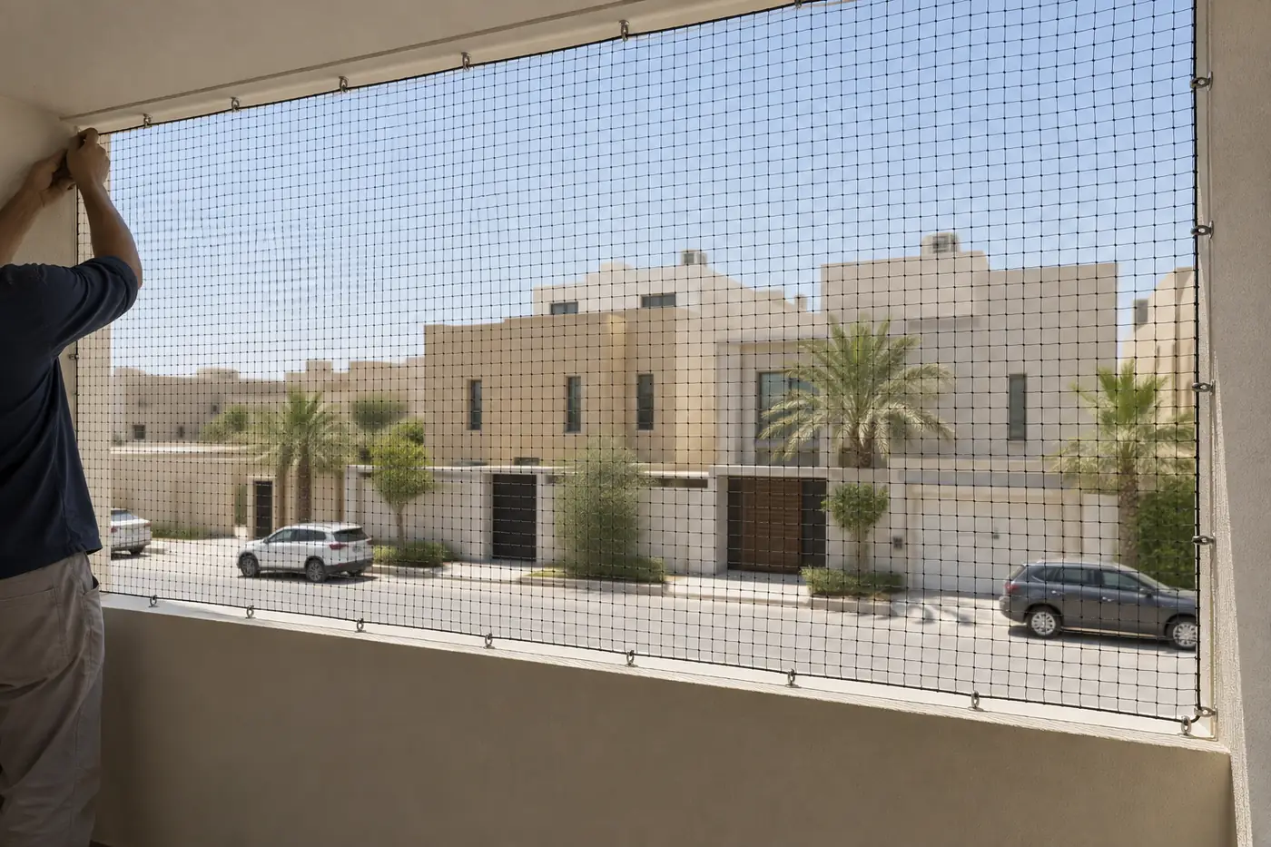 شبك طارد حمام مشدود على فتحة بلكونة، من الحلول التي تركّبها شركة تركيب طارد حمام بالرياض